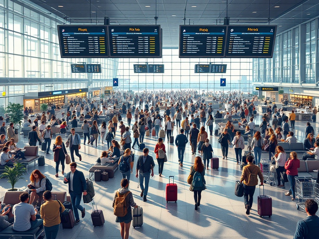 Traveler in an airport transit area looking at flight information board