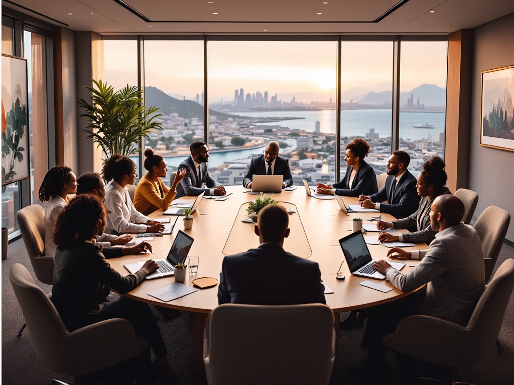 Business professionals in a meeting with Djibouti skyline in background