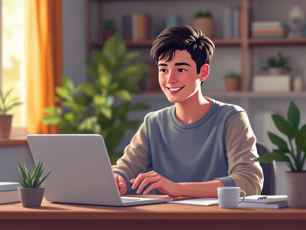 Person happily using a laptop for an online visa application