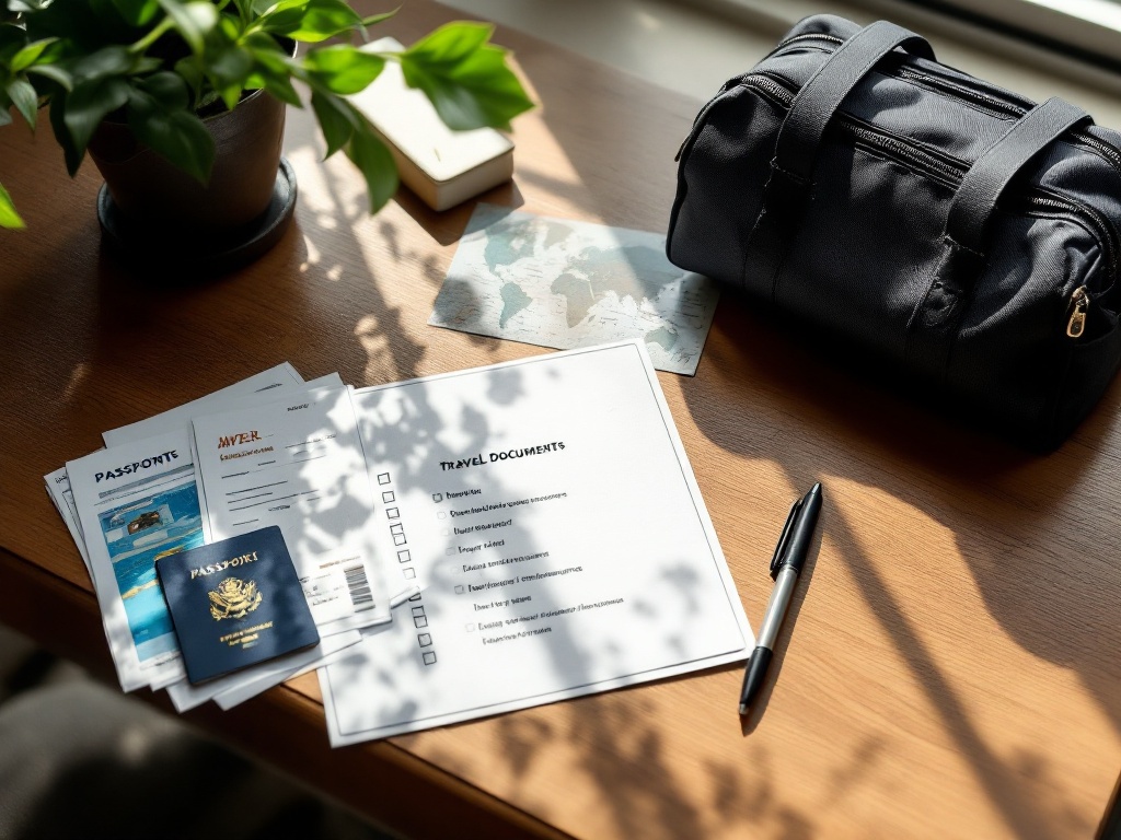 Travel documents, passport, and visa checklist concept