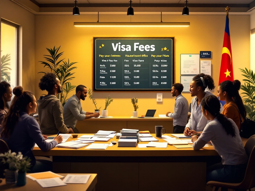 Concept image for visa fees with currency symbols and payment icons